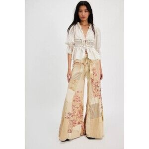 Free People Savannah Floral Patchwork Pants Wide-Leg Flare Cotton S-6 NWD 281588